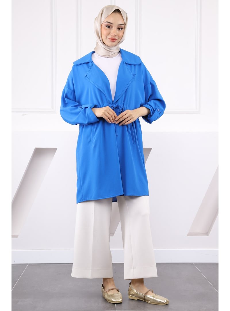 İmaj Butik Saks Mavi Kruvaze Yaka Büzgülü Ceket