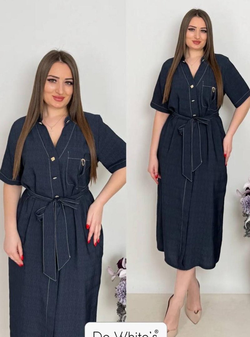 De White`s İndigo Büyük Beden Kuşaklı Denim Elbise
