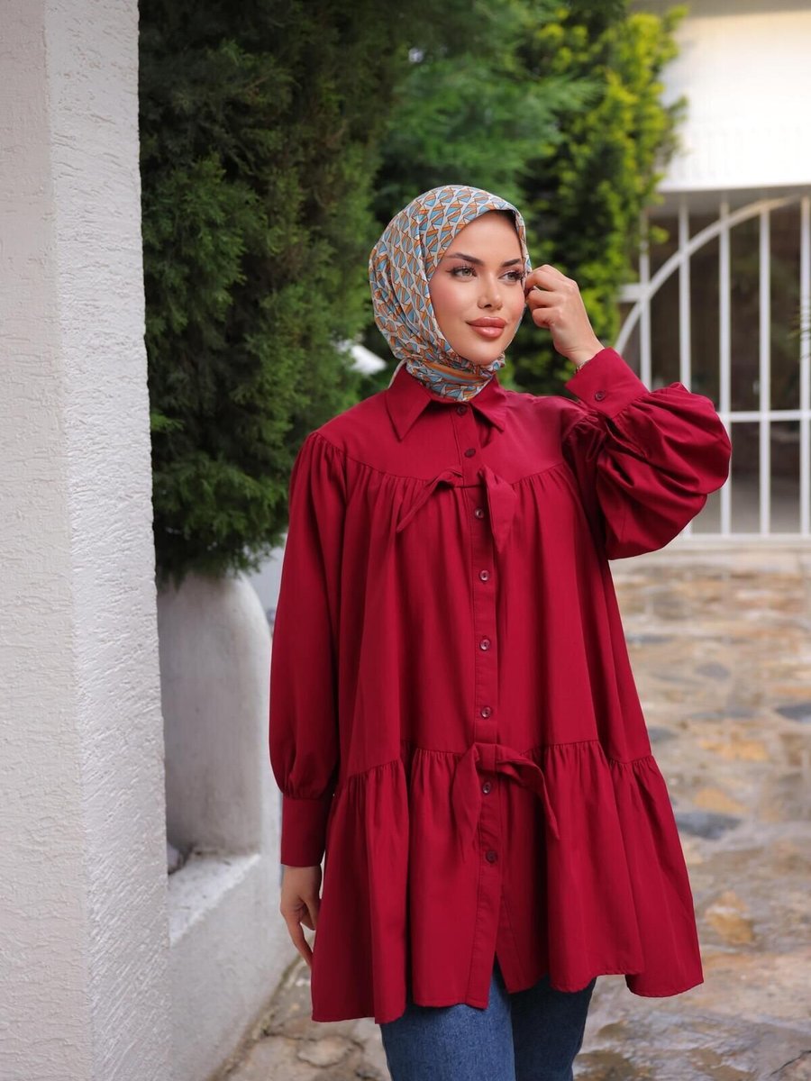 Nergis Neva Butik Bordo Fiyonklu Salaş Tunik