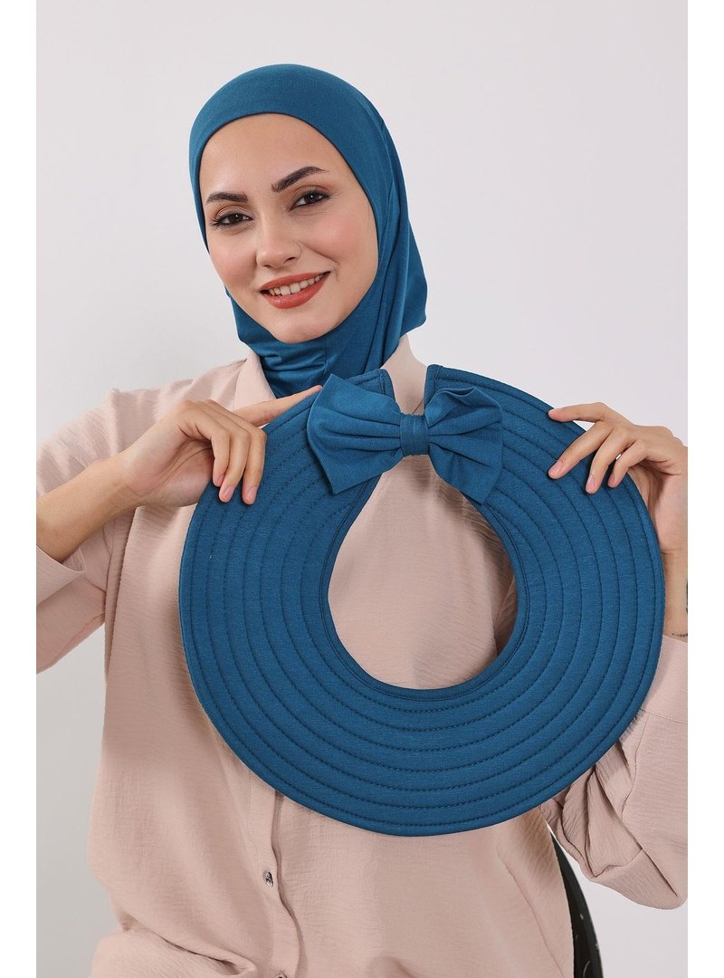 Aisha`s Design Petrol Türban Üzeri Penye Pratik Tak Çık Fiyonklu Şapka,sp 4,sp