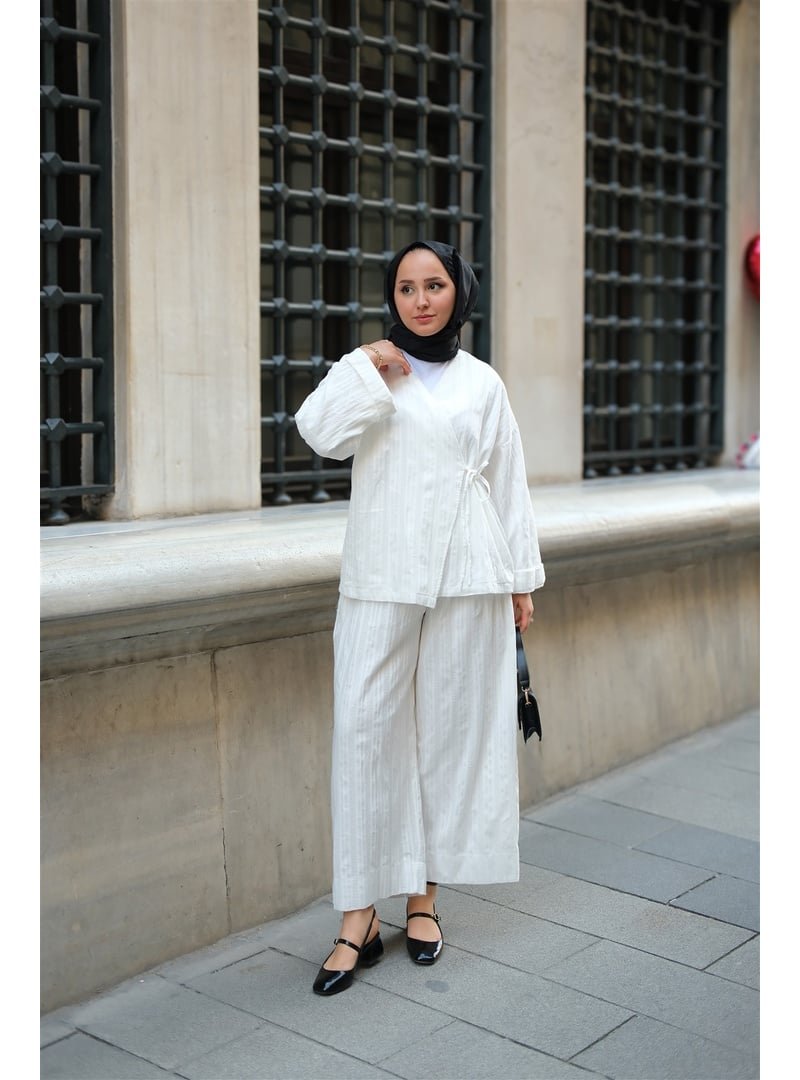 Locco Moda Beyaz Badem Dikişli Kimono Takım