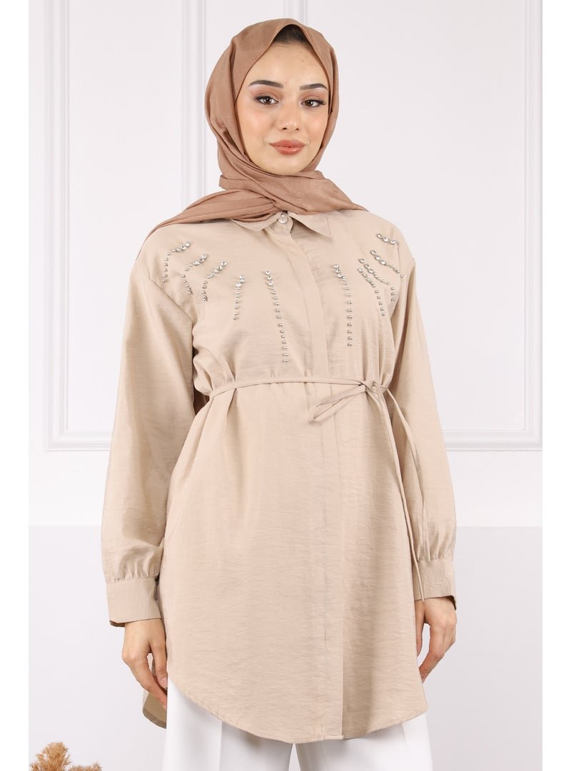 İmaj Butik Bej Önü Taşlı Modal Tunik