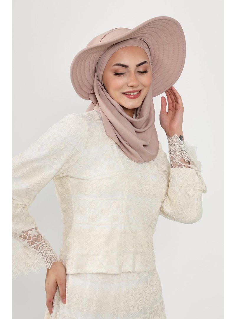 Aisha`s Design Açık Vizon Çıkarılabilir Arkası Fiyonklu Şapkalı Pratik Krep Şal Türban,ss