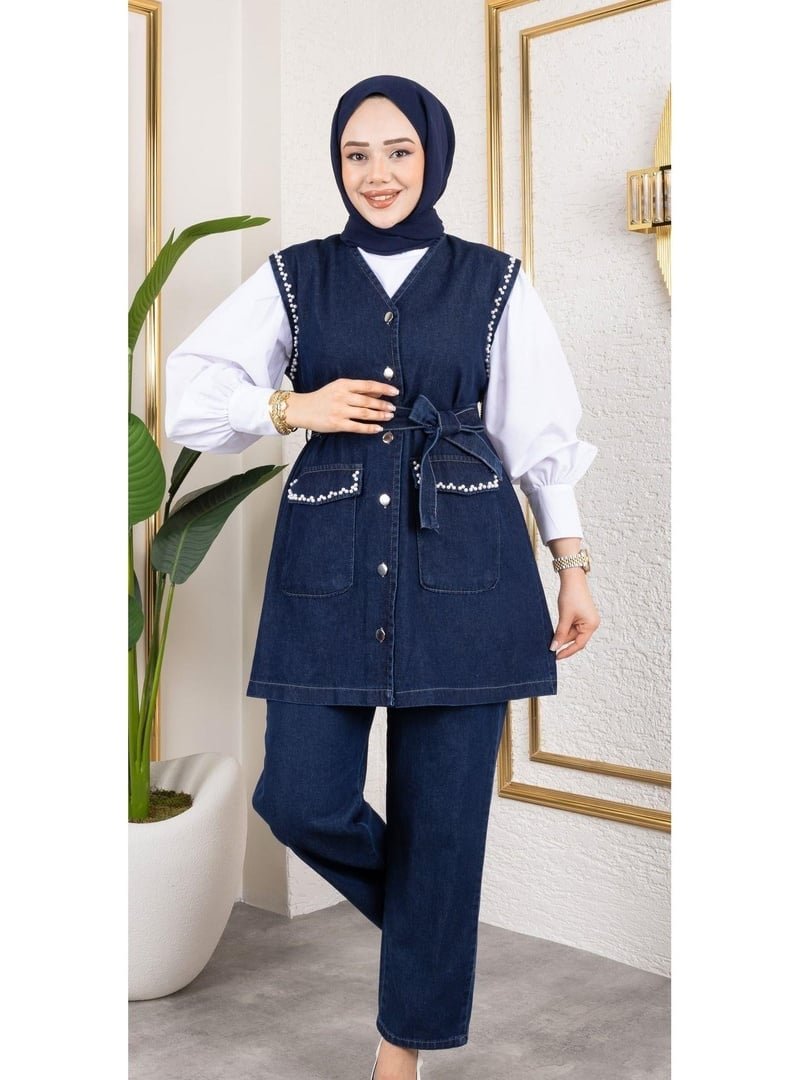 Harmatime butik Pantolon 2li Takım Boncuk İşlemeli Kuşaklı Yelek