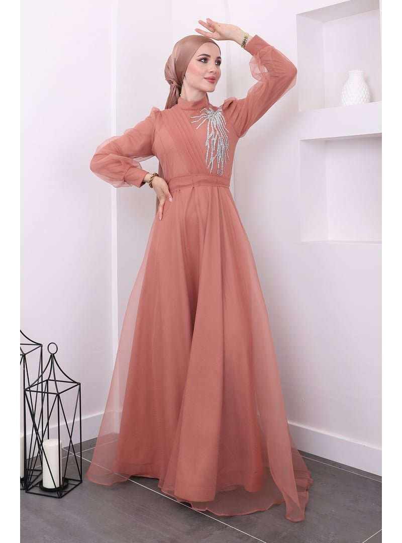 İmaj Butik Somon Ön Detaylı Taşlı Tül Abiye Elbise