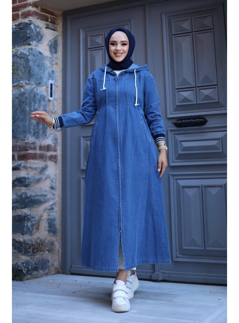 Harmatime butik Fermuarlı Cepli Kapüşonlu Kol Ribanalı Denim Kot Kap