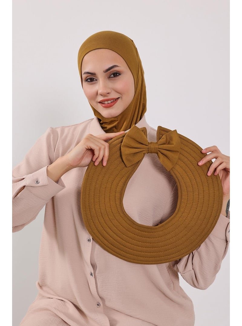 Aisha`s Design Koyu Hardal Türban Üzeri Penye Pratik Tak Çık Fiyonklu Şapka,sp 4,sp