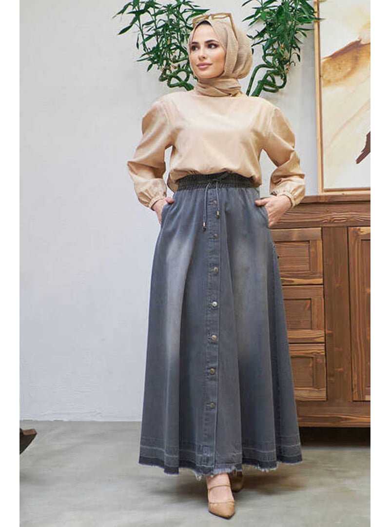 Neways Koyu Gri Denim Mevlana Düğmeli Etek