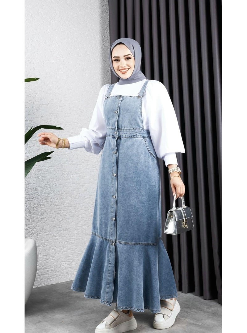 Harmatime butik Askılı Eteği Fırfırlı Kot Salopet