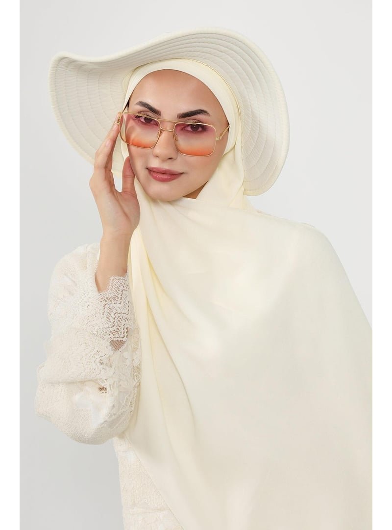 Aisha`s Design Krem Çıkarılabilir Arkası Fiyonklu Şapkalı Pratik Krep Şal Türban,ss