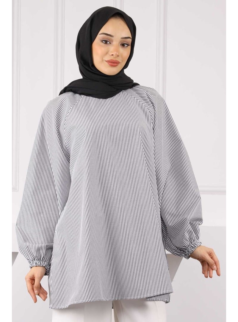 İmaj Butik Füme Balon Kol Çizgili Tunik