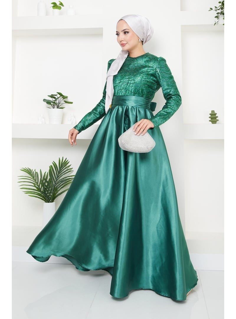AYŞE MELEK TASARIM Giyim Moda Pul Kordoneli Saten Abiye Elbise Yeşil