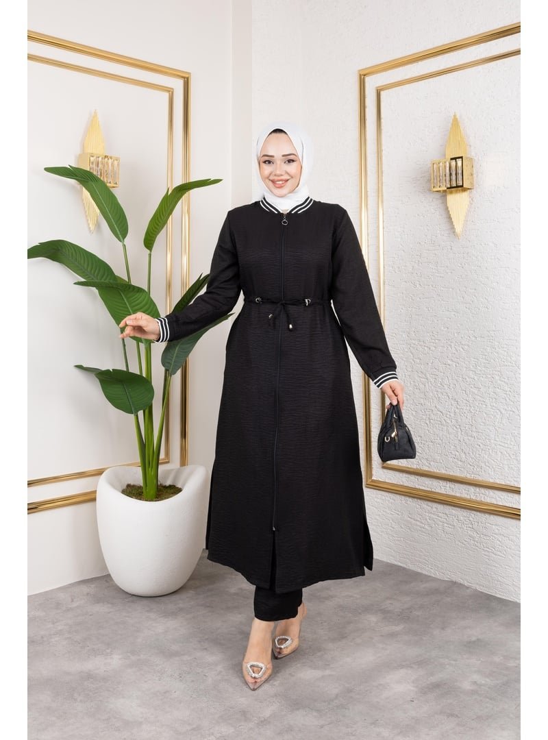 Harmatime butik Ribanalı Fermuarlı Siyah Keten İkili Takım