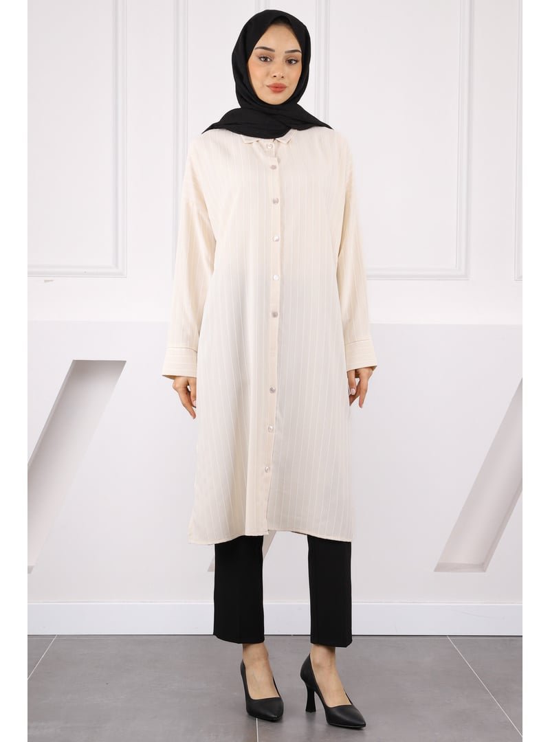 İmaj Butik Bej Çizgili Yırtmaçlı Tunik