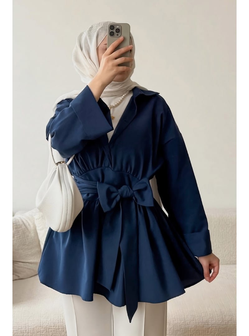 Salih Çelebi Lacivert Kimono Kol Fiyonklu Tunik