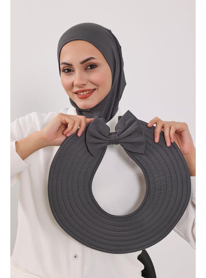 Aisha`s Design Antrasit Türban Üzeri Penye Pratik Tak Çık Fiyonklu Şapka,sp 4,sp