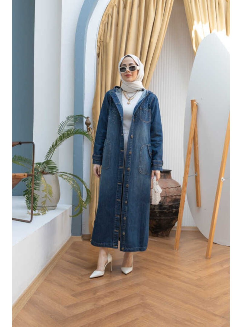 Neways Koyu Mavi Taşlı Denim Kapüşonlu Kap