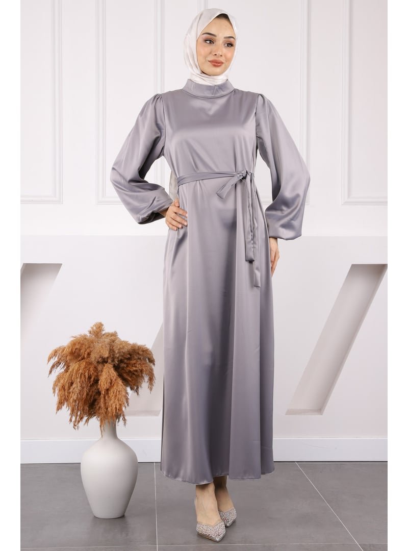 İmaj Butik Gri Hakim Yaka Balon Kol Saten Abiye Elbise