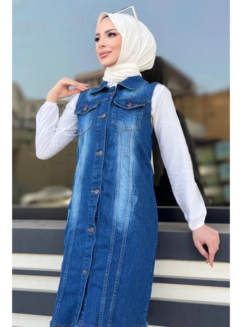 Bestenur Mavi Nesa Püsküllü Kot Yelek