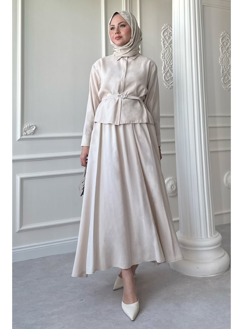InStyle İnce Kemerli Etekli Ekru Takım