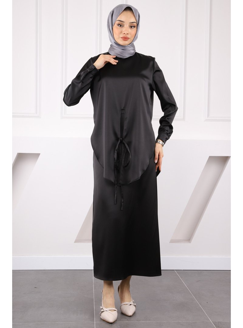 İmaj Butik Siyah Önden Bağlamalı Tunik Etekli Saten Takım