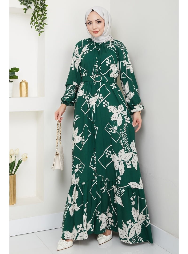InStyle Çiçek Ve Şekil Desenli Haki Viskon Elbise