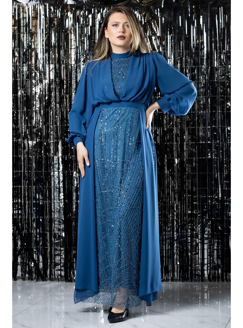MFA Moda İndigo İşleme Detaylı Şifon Abiye Elbise