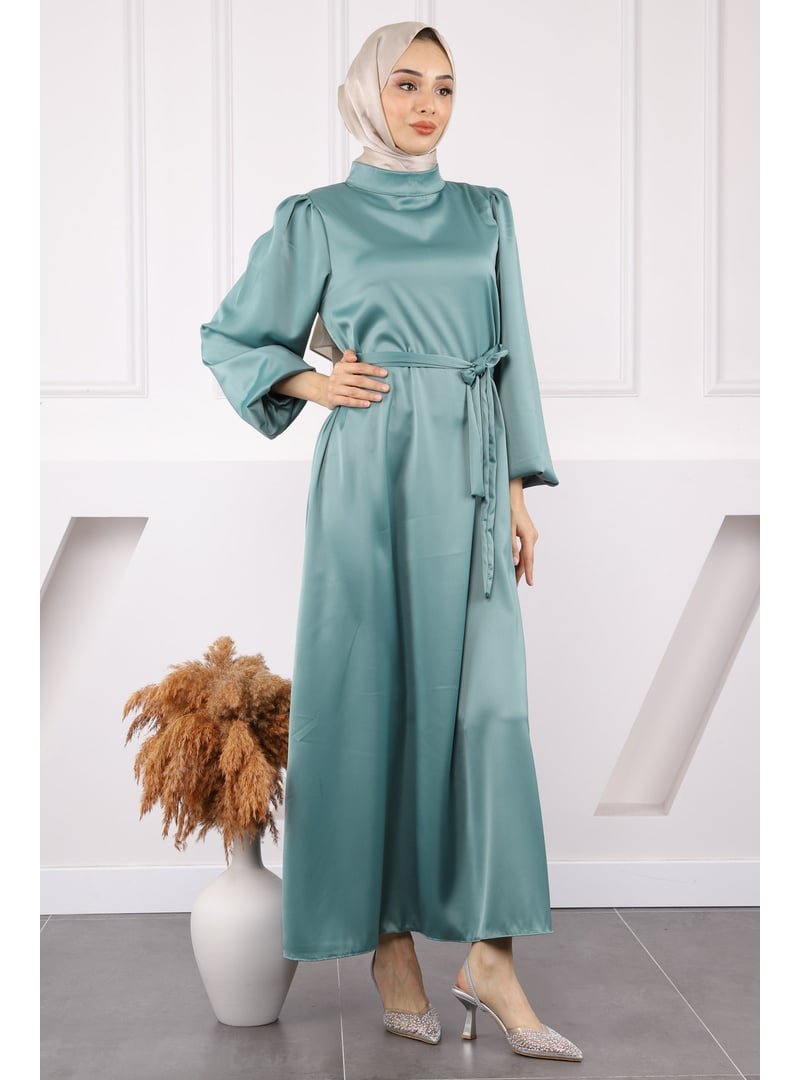 İmaj Butik Mint Hakim Yaka Balon Kol Saten Abiye Elbise