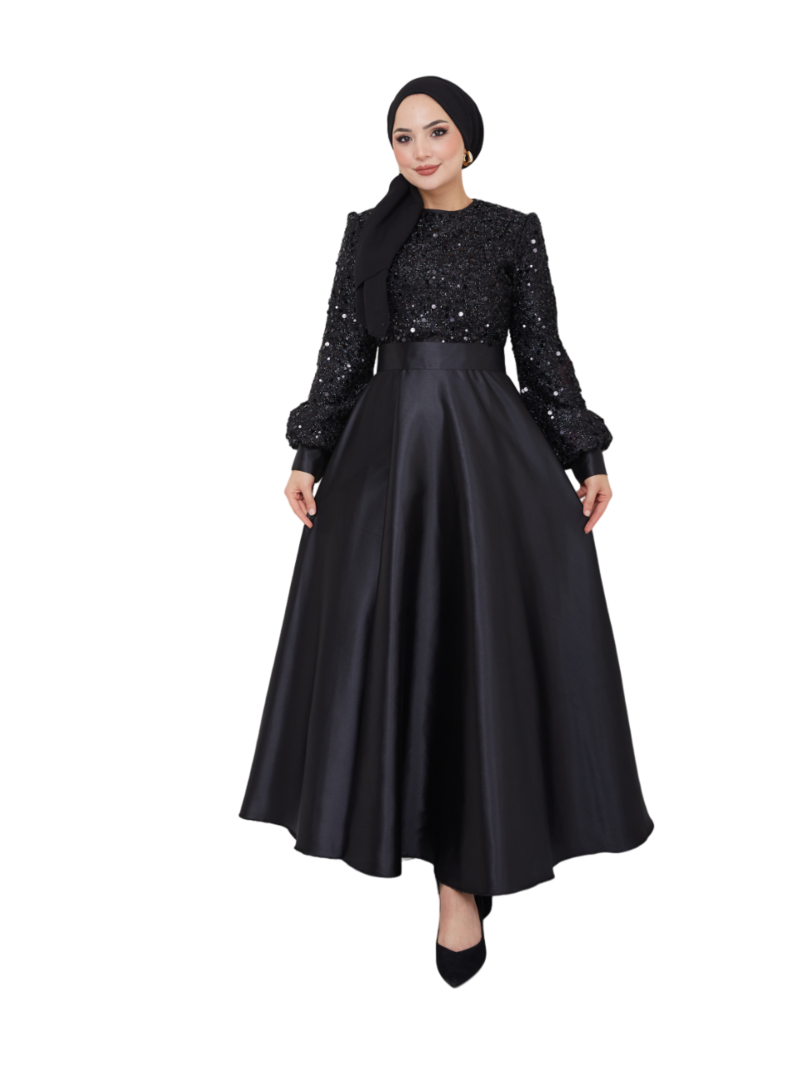 AYŞE MELEK TASARIM Giyim Moda Pul Detaylı Saten Abiye Elbise Siyah