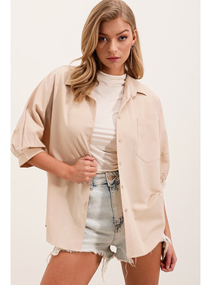 Bigdart Krem Oversize Kısa Kol Basic Gömlek