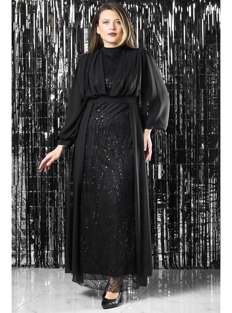 MFA Moda Siyah İşleme Detaylı Şifon Abiye Elbise