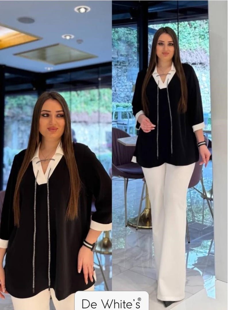 De White`s Siyah Büyük Beden Gömlek Yaka Bluz