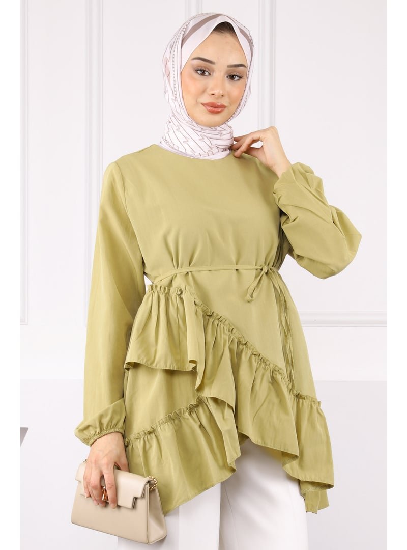 İmaj Butik Yağ Yeşili Eteği Katlı Fırfırlı Tunik