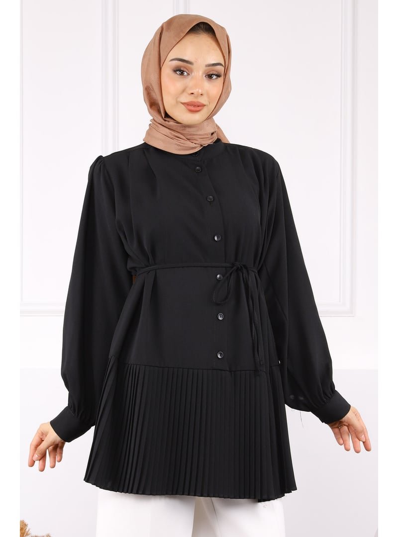 İmaj Butik Siyah Eteği Piliseli Bel Kuşaklı Tunik