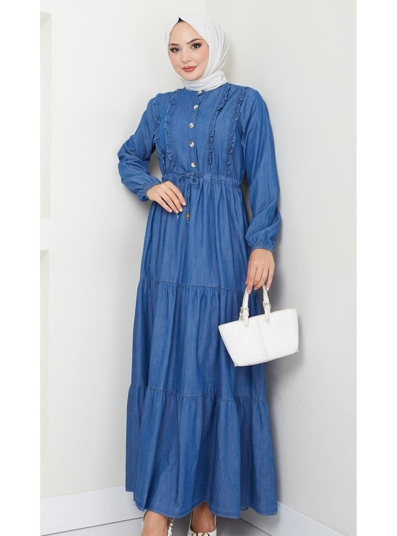 Harmatime butik Düğme Detaylı Fırfırlı Kot Elbise