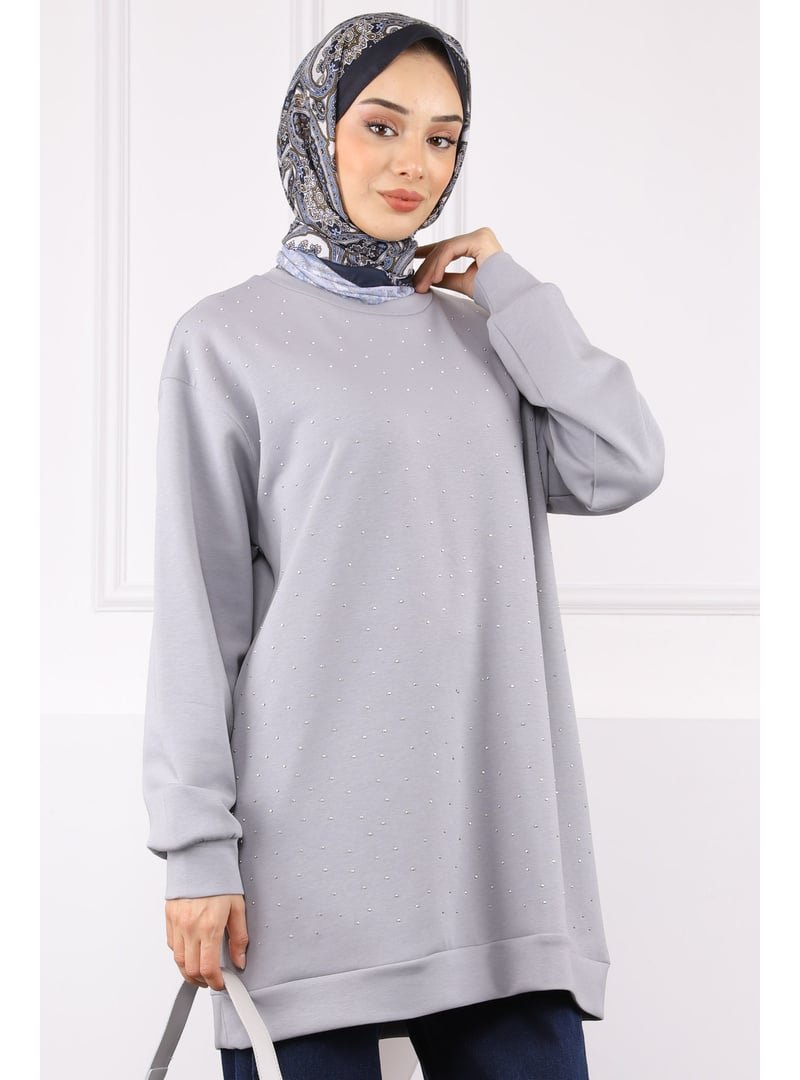 İmaj Butik Gri Bisiklet Yaka Taşlı Modal Tunik
