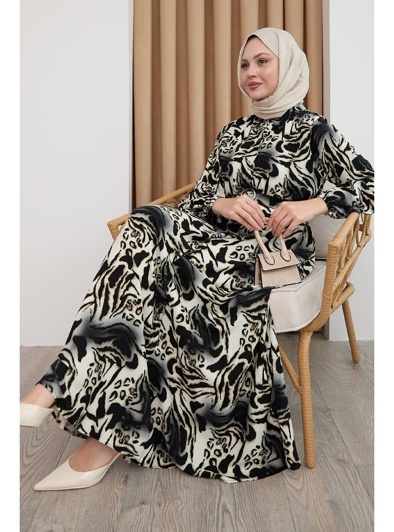 InStyle Zebra Desen Siyah Viskon Elbise