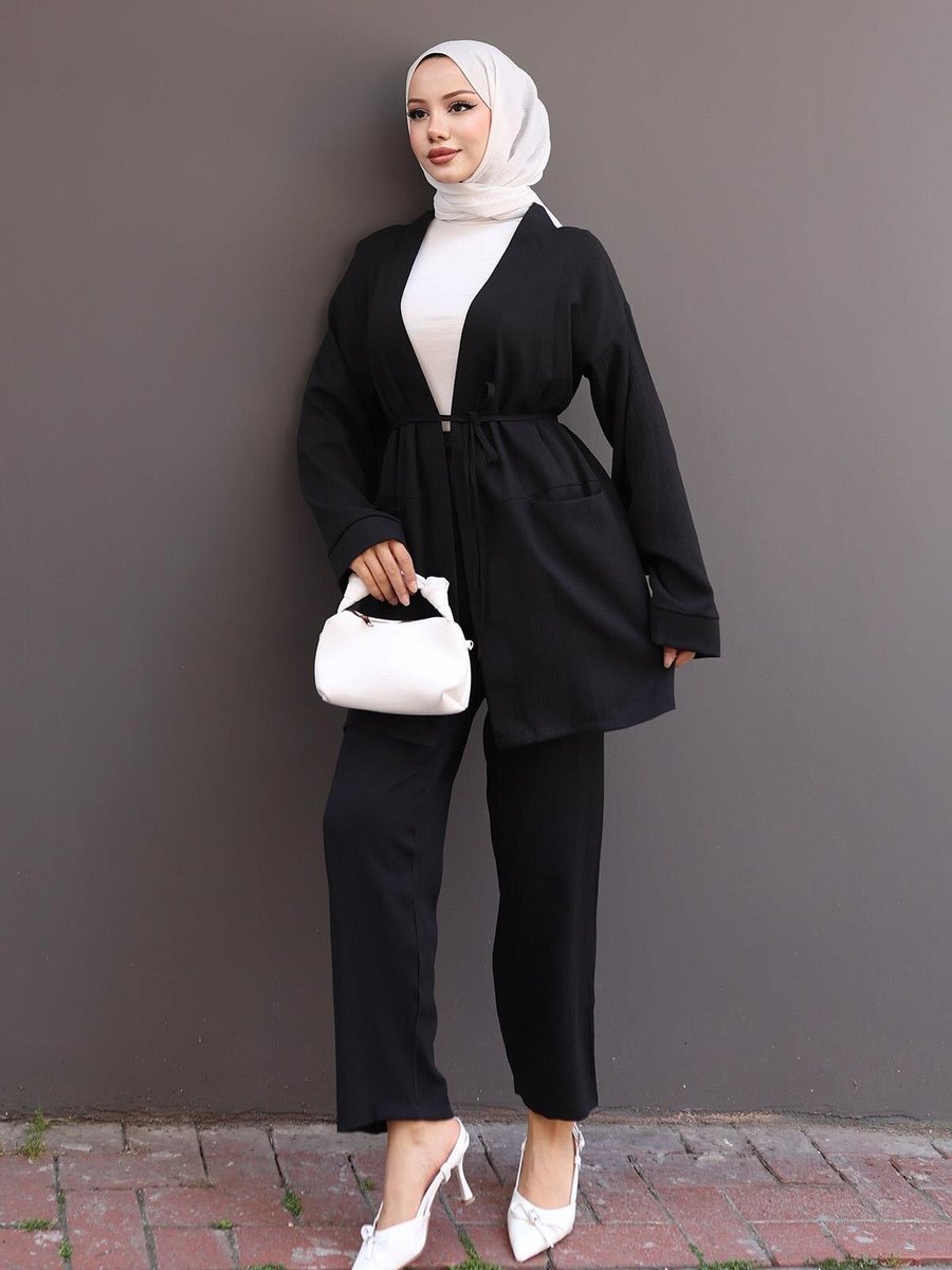 Misskayle Siyah Cep Detaylı Kimono Modern Ve Şık İkili Takım