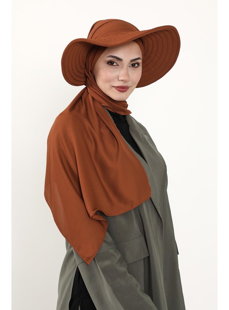 Aisha`s Design Kiremit Çıkarılabilir Arkası Fiyonklu Şapkalı Pratik Krep Şal Türban,ss