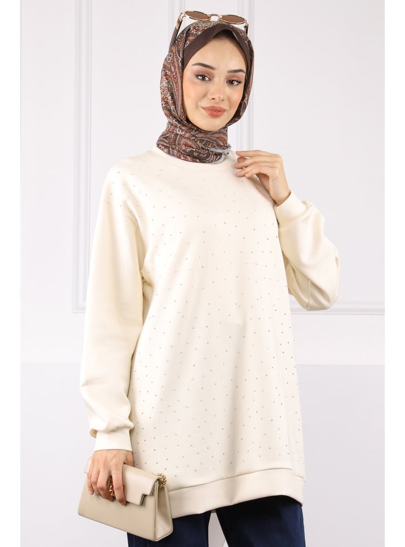 İmaj Butik Krem Bisiklet Yaka Taşlı Modal Tunik