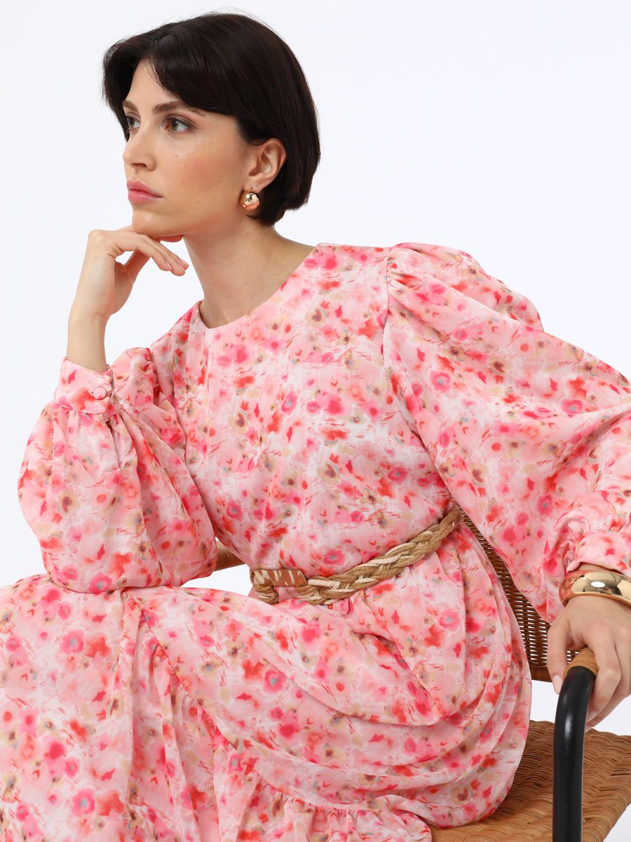 Benin Desenli Elbise Pembe Çiçek Desen