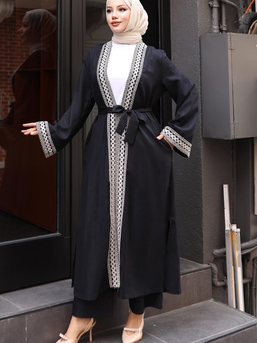 Modamihram Siyah Etnik Desenli Kimono Takım