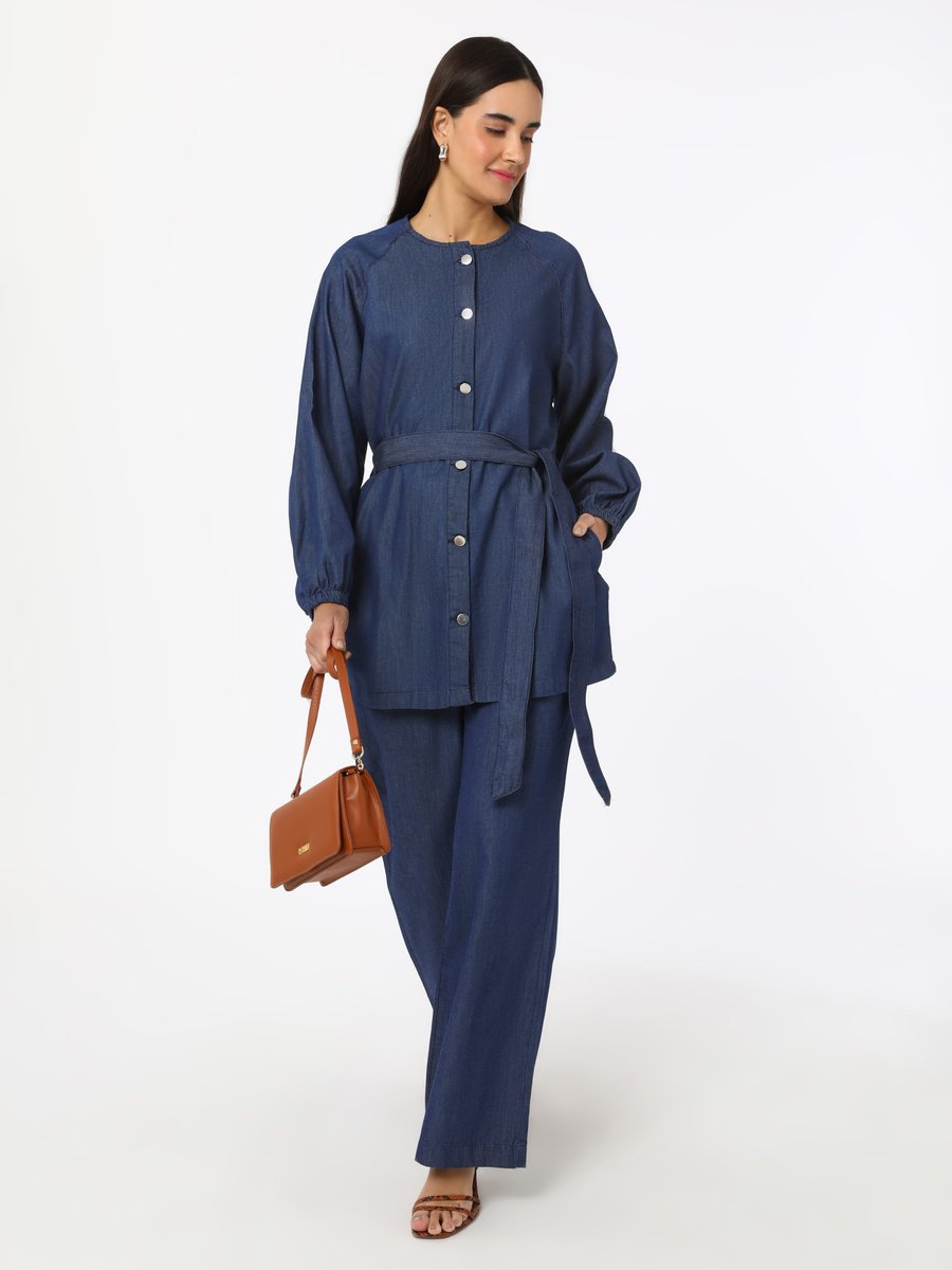 Refka Mavi Düğme Detaylı Denim Pantolon & Tunik İkili Takım