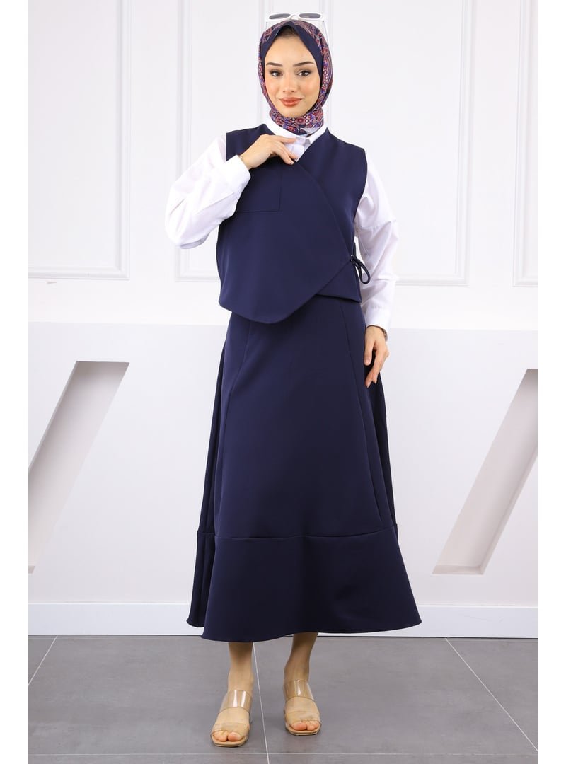 İmaj Butik Lacivert Tek Cepli Yelek Etekli Takım