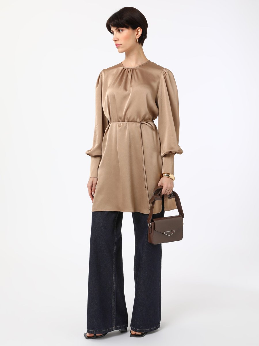 Refka Bağlama Detaylı Saten Tunik Natural
