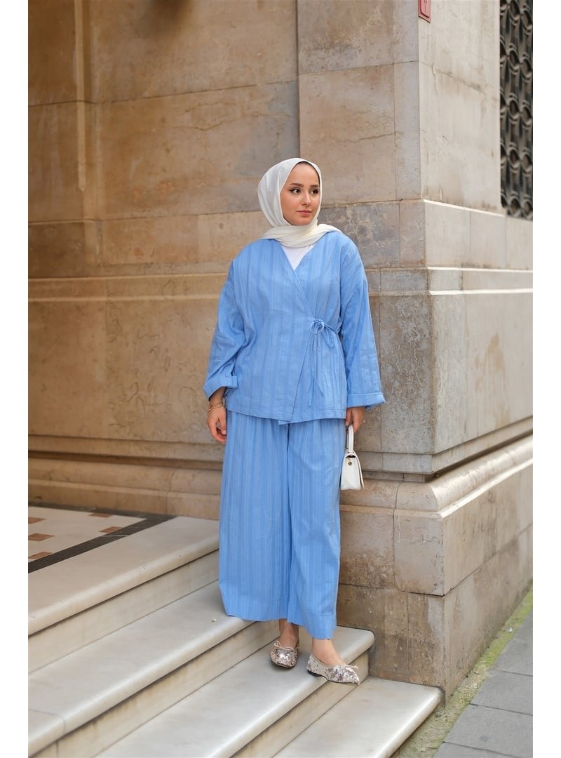 Locco Moda Mavi Badem Dikişli Kimono Takım