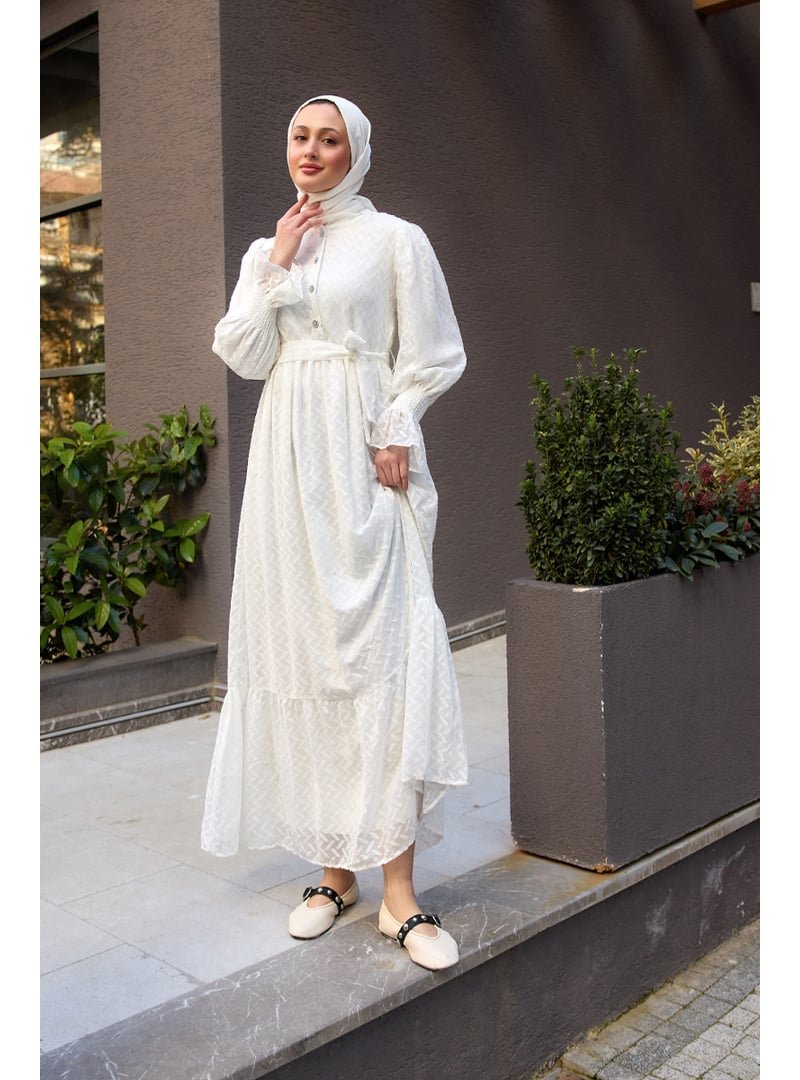 Locco Moda Beyaz Tül Detay Kemerli Elbise