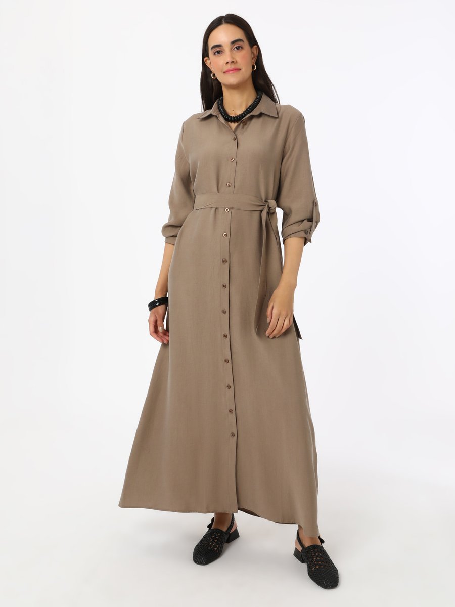 Refka Vizon Boydan Düğmeli Tencel Elbise