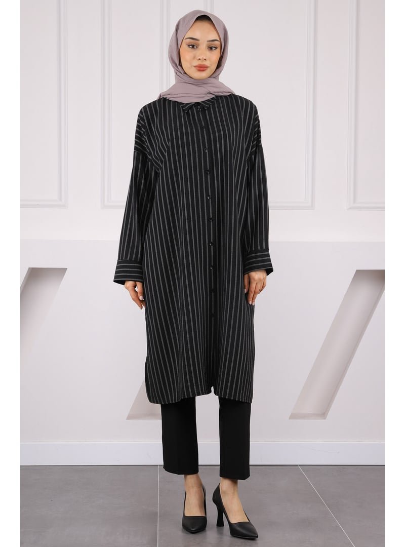 İmaj Butik Siyah Çizgili Yırtmaçlı Tunik