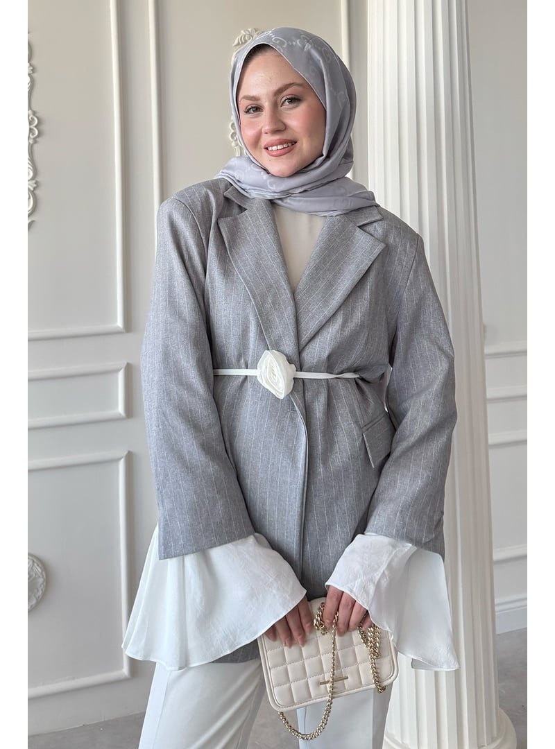 InStyle Çizgili Kolları Volanlı Gri Blazer Ceket